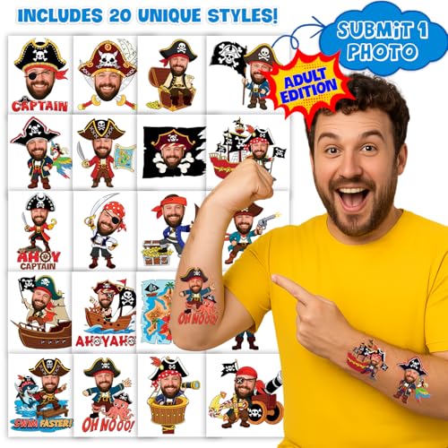Image of Custom Pirate Temporary Tattoos for Kids, Set of 20 | Personalized Pre-Cut Face Photo, Birthday Party Favors, For Boys & Pirate Fans, Unique Celebration Gifts