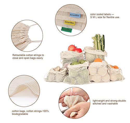 Anstore Lot de 11 sacs à fruits et légumes réutilisables en coton sans plastique - Filet de courses pour fruits et légumes - Sacs à pain lavables (2 S, 4 M, 4 x L+1 sac de rangement)