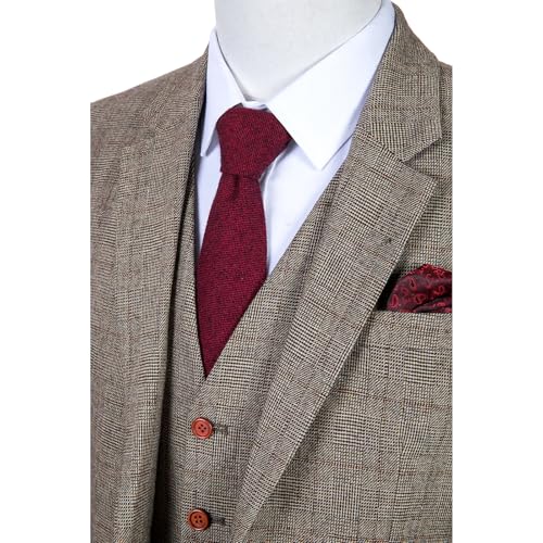 Men Wool Tweed Checked Suit 3 Piece Wedding Party Blazer Vest Pants4