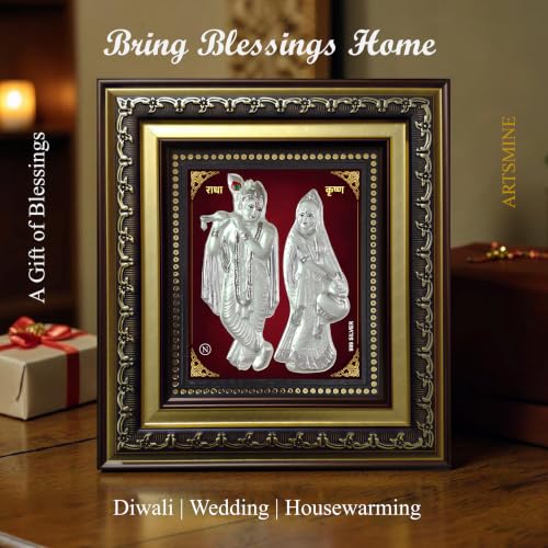 Image of ARTSMINE 999 Silver Radha Krishna Frame - Pure Silver Sheet with Purity Certificate|Ideal for Pooja Room, Home & Office Decor|Best for Wedding, Housewarming & Corporate Gift - 1 Unit (23 x 20 CM / 8.5 x 8 Inch)