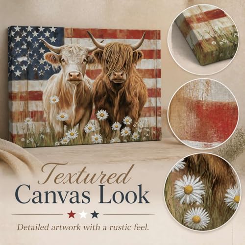 Image of Highland Cow Wall Art Decor, 4th of July American Flag Patriotic Vintage Canvas Print Picture Framed, Rustic Farmhouse Animal Painting for Home Bathroom Living Room
