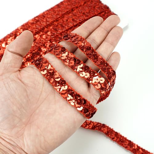 Qililandiy 13 Meter Einfassborte Spitze Pailletten Borte Band Fransen Borten Applikation 1.5cm X 13m für DIY Kleidung Gardine Vorhang Tischläufer Deko (Rot)