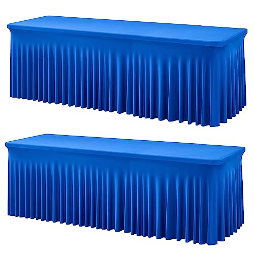 2 Pack Royal Blue Spandex Table Clothes for 8 Foot Rectangle Tables, Wrinkle Free Fitted Table Cover 8ft Stretch Tablecloths with Skirt for Parties Weddings Birthday Banquet Baby Shower