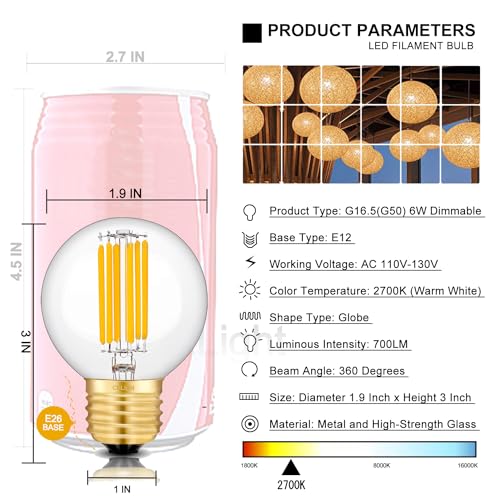CRLight Lâmpada globo de LED 6W 2700K branco quente, 70W equivalente incandescente 700 LM regulável,