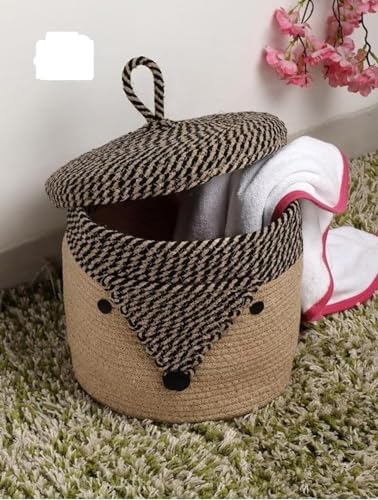 Image of Jute Basket For Storage Cotton Rope Toys Basket With Lid Handwoven Natural Foldable Laundry Hamper for Home, Office, Living Room Size 10x10 inch (FOX-BASKET)