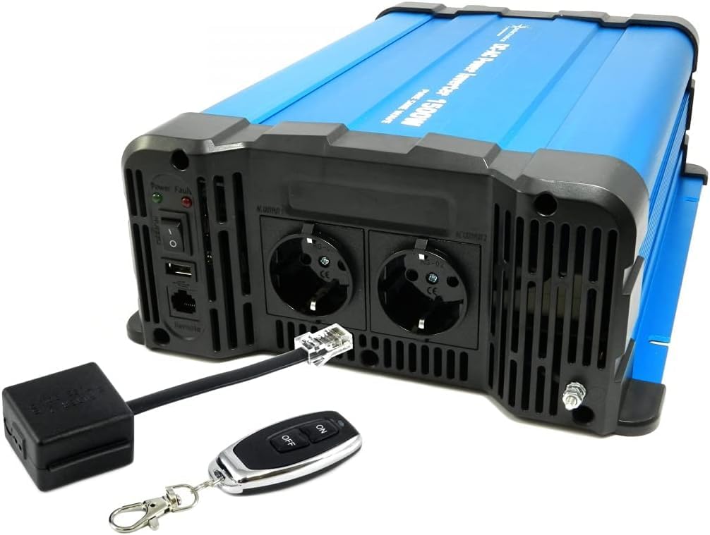SOLARTRONICS FS1500DR Spannungswandler 24V 230V 1500 Watt - Reiner Sinus Wechselrichter 24V auf 230V für Wohnwagen & Wohnmobil - 3000W Spitzenleistung - mit Schuko, USB Anschluss & Fernbedienung