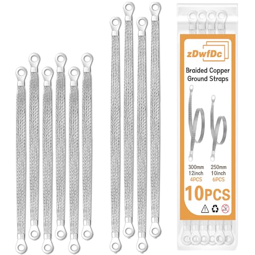 zDwfDc 10PCS Engine Ground Strap Automotive, 6PCS 10" x 1/2" & 4PCS 12" x 1/2" Copper Braided Ground Straps Tinplate Silver Grounding Cable Straps DD039