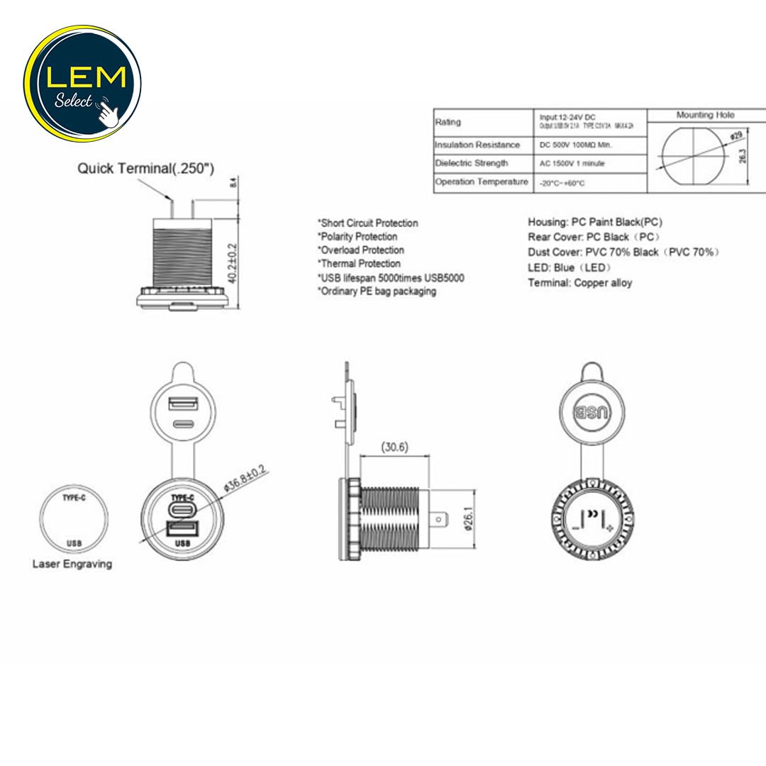 LEM Select Presa per caricabatterie da 12/24 V con porte USB-A e USB-C