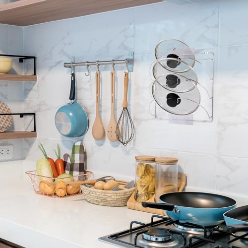 joeji’s Kitchen Topfdeckelhalter 3 Fächern - Wandmontage oder Schranktür - Deckelhalter für Pfannendeckel - 2 in 1 Selbstklebend Ohne Bohren oder Schrauben - Deckelständer Küchenzubehör - Chrom