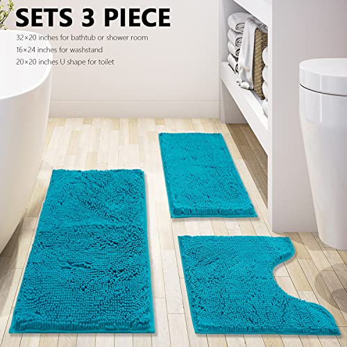 Image of Bathroom Rugs Chenille 3-Piece Extra Soft and Absorbent Shag Bathroom Rugs, Machine Wash Mat, Strong PVC Non-Slip Underside, Plush Carpet Mats (Turquoise)