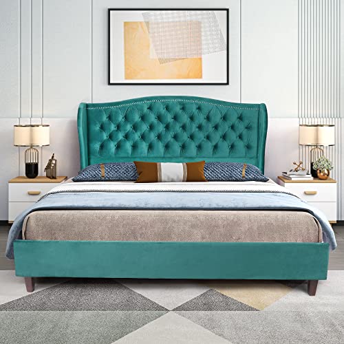 Qhitty Queen Size Bed Frame, Modern Velvet Button Tufted Upholstered Platform Bed With Nailhead Trim Headboard, Wood Slat Support, Easy Assembly, No Box Spring Needed #TOP2
