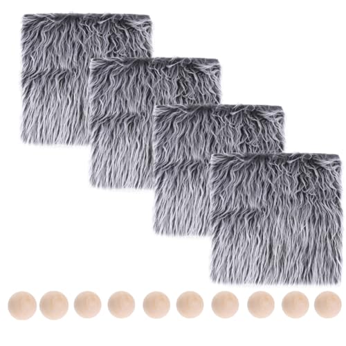 Aublinto Tecido de pele sintética fofa, tiras pré-cortadas, cabelo sintético, quadrados, tecido de gnomo, barba de gnomo, barba anã, barba de gnomo, barba de anão, conjunto de bolas de madeira