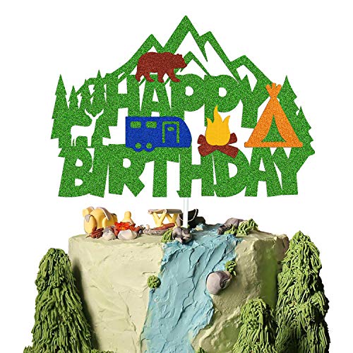 Camping Birthday Cake Topper Happy Birthday Sign Cake Decorations for Camper Hunter Lumberjack Forest Woodland Animal Campfire Themed for Kids Bday Party Supplies Double Sided (camping)
