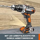 WORX WX372 Akku Schlagbohrschrauber Set mit 20V Schlagbohrschrauber, 2 Li-Ion Akkus, Schnell-Ladegerät, Doppelbit & Koffer / 50Nm, 2-Gang-Getriebe & LED-Licht – zum Schrauben, Bohren & Schlagbohren - 4