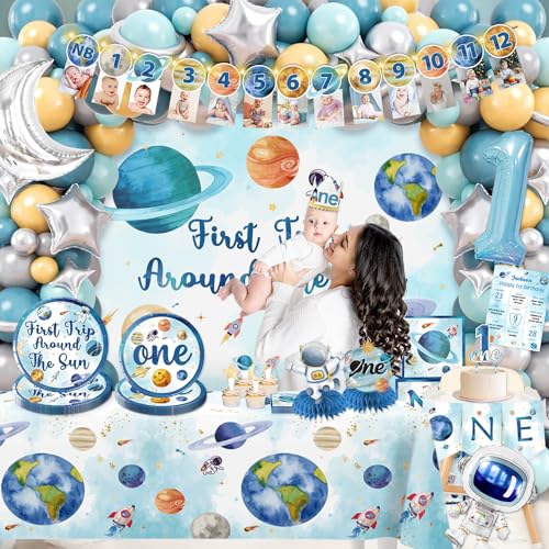Cocomigo COCOMIGO24020 190Pcs First Trip Around The Sun Decorations Set, Include Balloon Arch Kit, Backdrop, Plates, Tablecloth, Ballon Box, Etc, For 1St Trip Around The Sun Birthday Decorations Baby Shower thumb #5