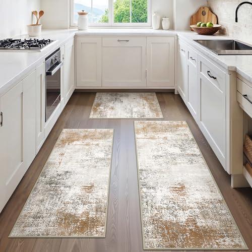 GENIMO Kitchen Rugs Sets of 3 Non Slip Washable Kitchen Mats for Floor, Waterproof Abstract Kitchen Runner Rug, Floor Mat Carpet for Hallway, Laundry, Sink, Entryway, Bathroom, Gold