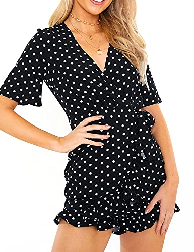 AIMCOO Women s Polka Dot Wrap V Neck Romper Short Flare Sleeve Elastic Tie Waist Jumpsuits Ruffle Hem Casual Summer Rompers Black