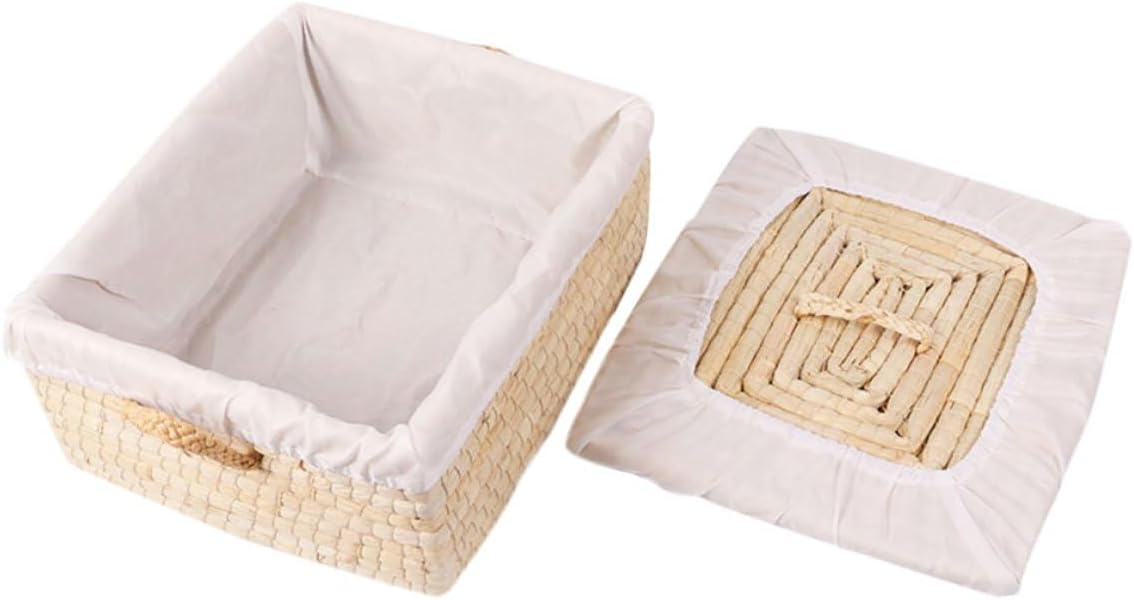 VICASKY Straw Woven Bread Basket with Lid, Square 25x30x14cm, Insulated Bun and Egg Storage Container for Kitchen and Picnic