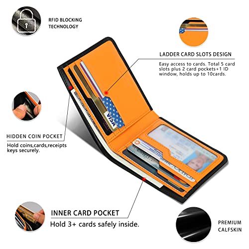 Calfskin Slim Wallets For Men RFID Blocking Leather Minimalist Front Pocket Mens Bifold Wallet Easy Access Ladder Card Slots (Black)2