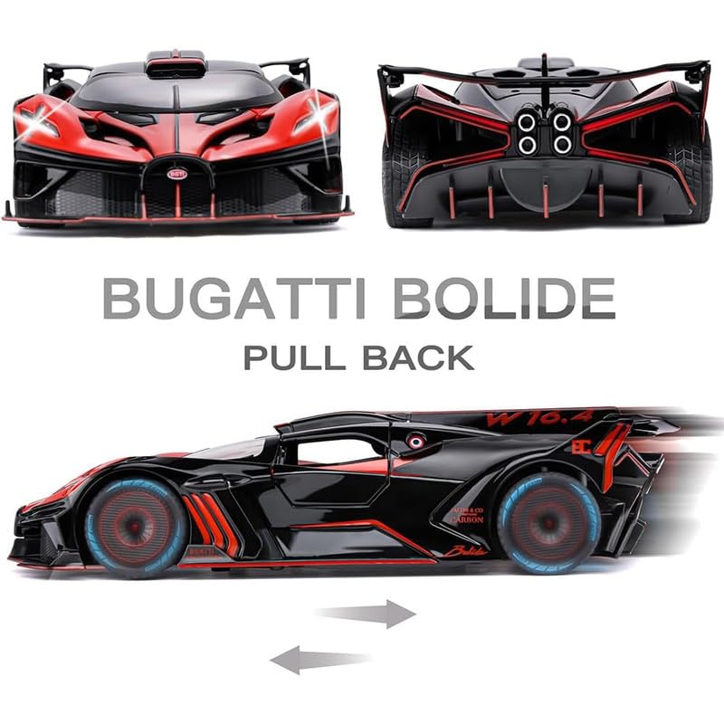 Image of Kids Model 1:24 Big Bugadi Bolide Die Cast Metal Car Pull Back Action Opening Doors with Realistic Engine Sound Lights Toy Car Gift for Boys - Red