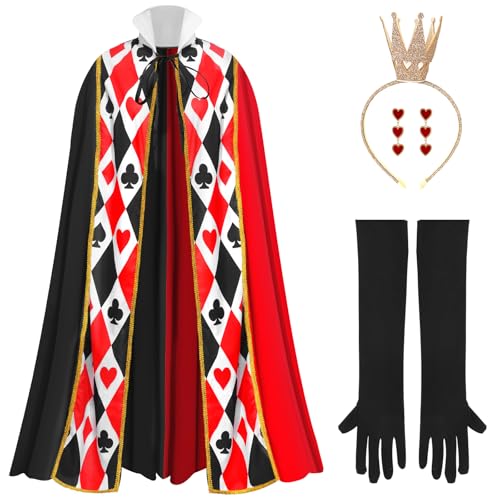 Maazusa Halloween Königin Kostüm für Damen 4 Stück Herzkönigin Umhang Outfits mit Handschuhe Stirnband Ohrringe Verkleidung für Halloween Party
