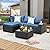 JOYURE 5 Pieces Patio Furniture Set All-Weather Outdoor Wicker Sectional Conversation Sofa Rattan Patio Seating Sofa with Cushion and Glass Table and Ottoman for Porch Poolside,Navy