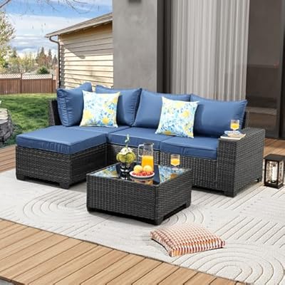 JOYURE 5 Pieces Patio Furniture Set All-Weather Outdoor Wicker Sectional Conversation Sofa Rattan Patio Seating Sofa with Cushion and Glass Table and Ottoman for Porch Poolside,Navy