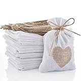 30pcs Burlap Bags Gift Pouches Heart Small Candy Jewelry Storage Package Sack for Wedding Bridal Shower Birthday Party Christmas Valentine's Day Favors DIY Craft, White 5.5x3.7 Inch