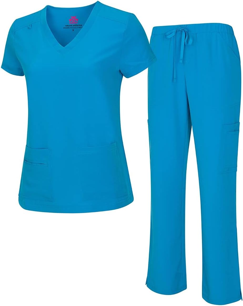 Natural Uniforms Women's Cool Stretch V-Neck Top and Cargo Pant Set 8400-9400, Water Blue, S