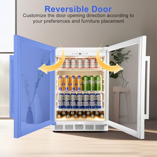 Image of 24 Inch Beverage Refrigerator with Glass Door, Undercounter Beverage Fridge 200 Cans Large Capacity, Beverage Cooler for Beer Soda with Reversible Door, Temperature Control, Safety Lock, White