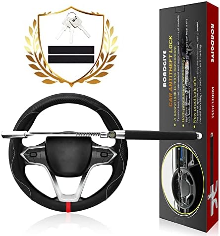 ROADGIVE Car Steering Wheel Lock - Heavy Duty Anti-Theft Steering Wheel Lock Retractable Steering Lock Double Hook Universal Fit Emergency Hammer Window Breaker with 3 Keys for Auto/Truck/SUV (Black)