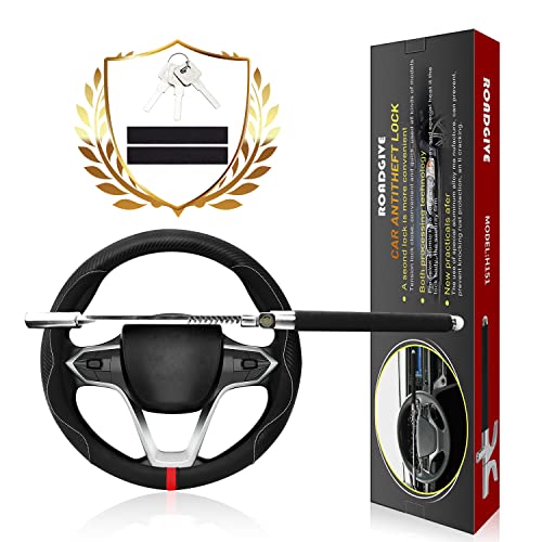 Roadgive Car Steering Wheel Lock - Heavy Duty Anti-Theft Steering Wheel Lock Retractable Steering Lock Double Hook Universal Fit Emergency Hammer Window Breaker With 3 Keys For Auto/Truck/Suv (Black) #TOP28