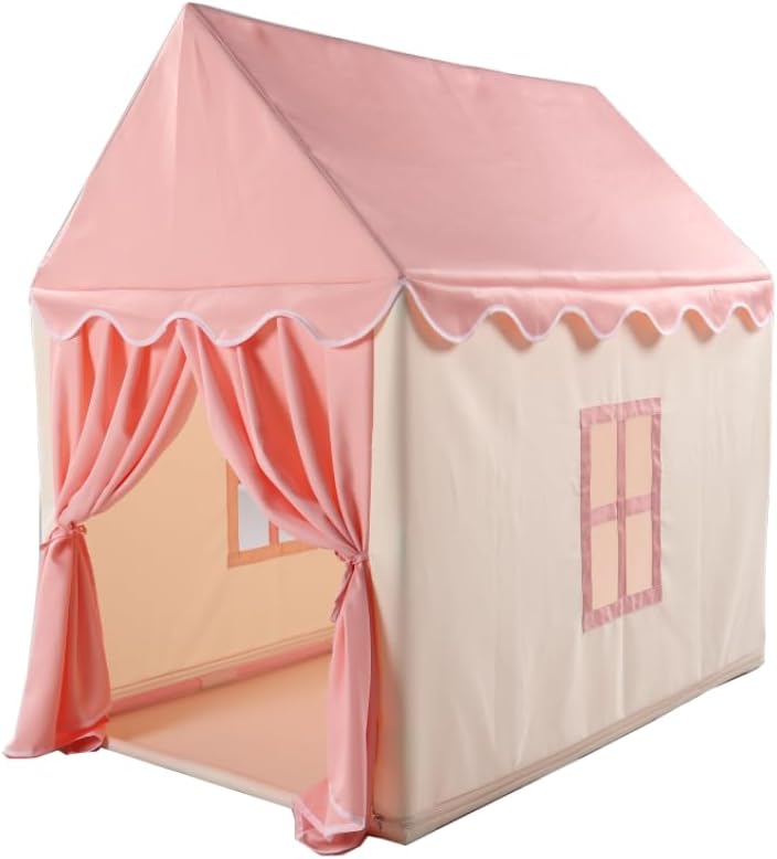 Pink Play Tent House with Curtains — Indoor Princess Playhouse with Soft Fabric Roof & Windows, Stable Frame Structure, Cozy Reading & Play Space for Home Use