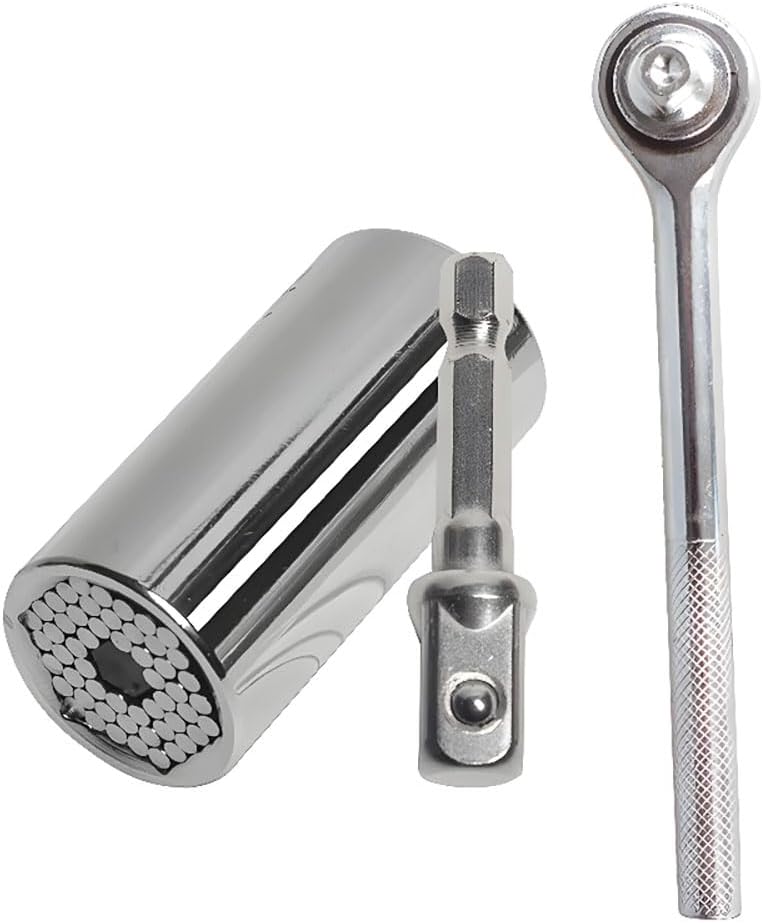 Universal Socket Tool Set, 3-Piece, 7-19mm Range, Chrome-Plated Steel, Quick-Release Ratchet Handle with Extension Adapter