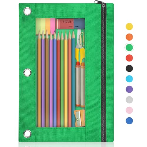 Image of Shemira Pencil Pouch for 3 Ring Binder, Binder Pencil Pouch with Smooth Zipper, Clear Window Pencil Case for Binder, Zipper Pencil Pouches, Big Capacity 3 Ring Binder Pencil Bag, Green