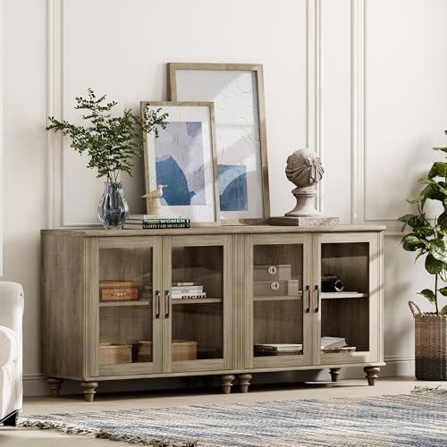 WAMPAT Farmhouse End Table with Ample Storage, Set of 2 Large Mid Century Modern Wood Bedside Table, Wide Sofa Side End Table with Glass Doors, Cabinet for Living Room, Bedroom, Wash Grey