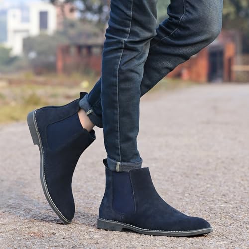 Image of Blue Leather By Centrino Genuine Leather Men's Formal and Casual Leather Boots | Versatile and Sophisticated Chelsea Boots for Every Season | Fashionable Elegant Boots for Any Occasion (3964)