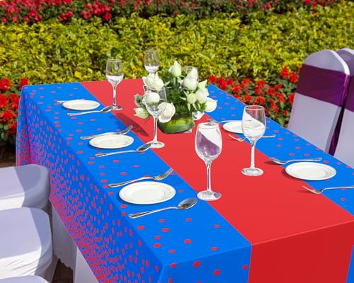 Image of Oudain 3 Pcs Blue and Red Tablecloth for Parties Plastic Dot Tablecloths Printed Table Runner Waterproof Disposable Rectangle Table Cover for Christmas Birthday Wedding Party, 54 inch x 108 inch