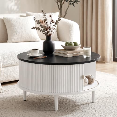 Image of Round Lift Top Coffee Table, 31.5 Inch Farmhouse Center Table with Hidden Storage & Sliding Door, Fluted White Drum Table for Living Room