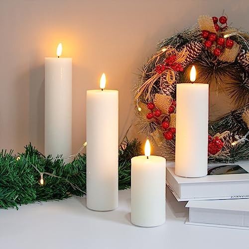 Image of Flickering Flameless Pillar Candles with Remote Control and Cycle Timer,White Pack of 4 Battery Operated(Powered by 2AA) LED Real Wax Tall Fake 3D-Wick Electric Candles(D 2.2 inch x H 4 inch,6 inch,8 inch,10 inch)