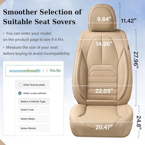 Image of Coverado Seat Covers, Car Seat Covers Front Seats, Automotive Seat Covers, Waterproof Nappa Leather Car Seat Cover, Car Seat Cushion, Beige Seat Covers Carseat Cover Universal Fit for Most Cars