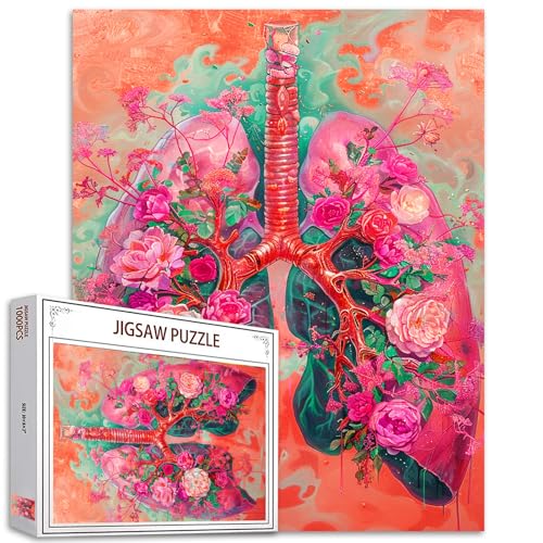 Flower Organs Jigsaw Puzzles 1000 Pieces for Adults,Lungs Floral Puzzle for Adults Unique Human Body Anatomy Puzzles Pink Flowers Bone Medical Office...