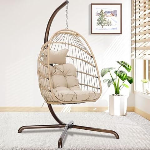 RADIATA Foldable Wicker Rattan Hanging Egg Chair with Stand Cover