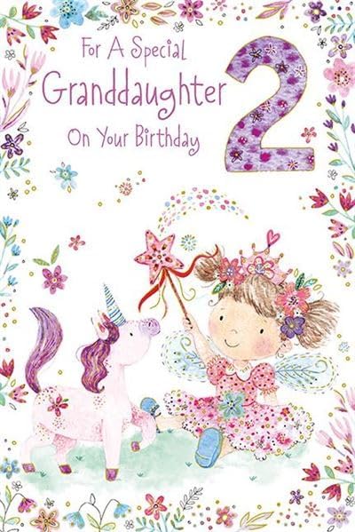Paper Rose Special Granddaughter 2nd Birthday Card - Age 2 - Fairy Girl and Unicorn with Foil Details - Eco-Friendly and Recyclable