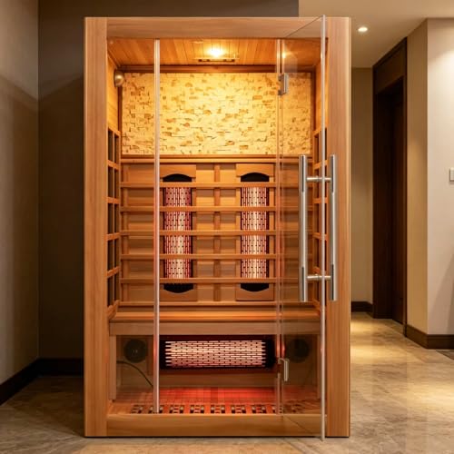 Image of Smartmak Infrared Home Sauna, 2-Person Canadian Hemlock Wood Sauna, Cultural Stone /Full-Spectrum Heating Panels, Starry Sky Lighting, Speakers, Oxygen Bar (220V, 1750W)