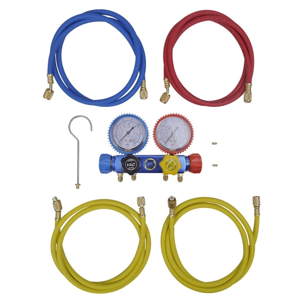 Vakuumpumpe Einstufig Mit 4-Wege-Verteiler-Manometer Set | Aluminiumgehäuse, Ölschauglas, Integrierter Griff, Stoßschutz, Stahlhaken, Für Kühlanlagen Reparatur