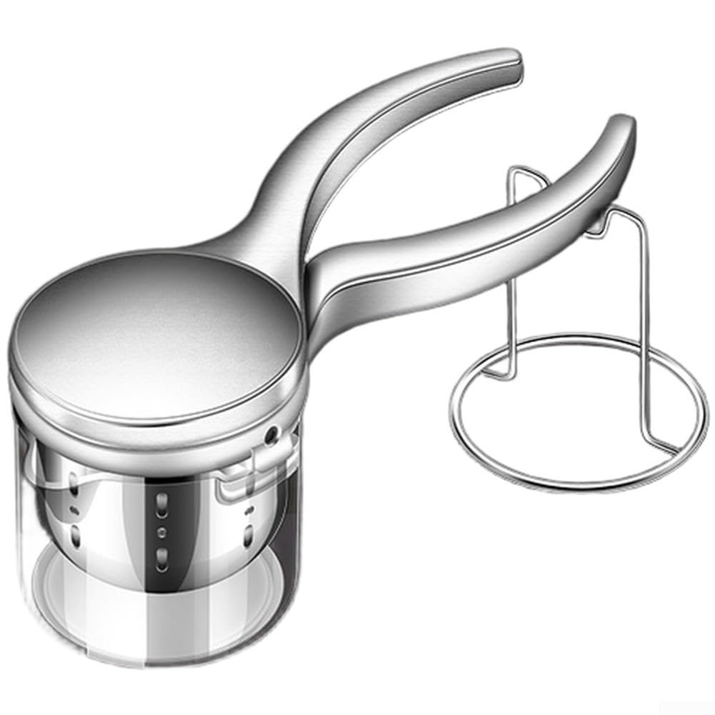 Manueller Edelstahl Entsafter mit 304 Sieb und Drehpresse für Zitronen Obst Gemüse Kartoffelpüree ergonomischer für griff aus Aluminiumlegierung spülmaschinenfest silber 26x9x10,3 cm Küchenhelfer