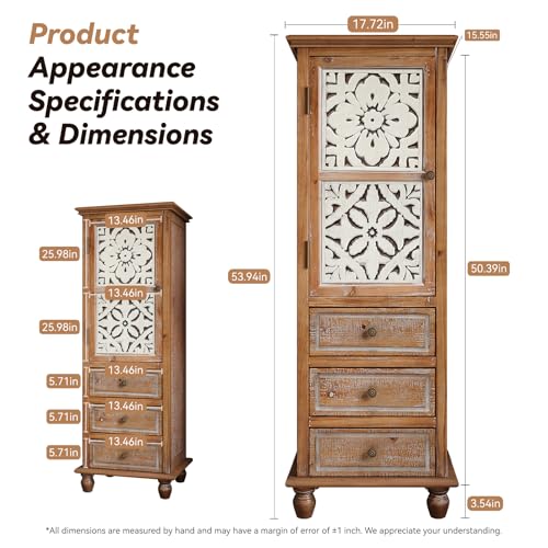 Image of KTART 54''Tall Kitchen Pantry Cupboard Storage Cabine,Narrow Accent Cabinet | Solid Wood Frame;Farmhouse /French Country Narrow Corner Glass Display Cabinet;Narrow Storage Cabinet;Tall Accent Cabinet