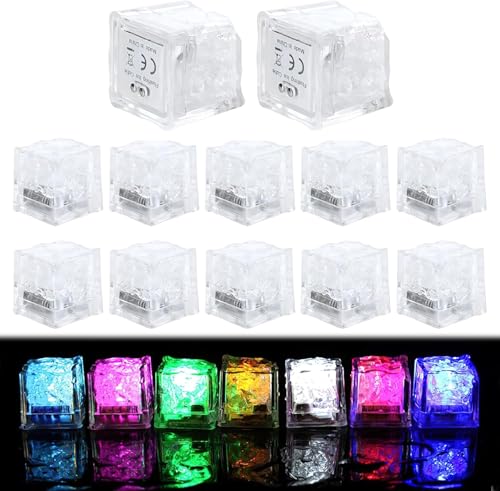 12 luces LED de cubitos de hielo, multicolor con sensor de líquido, cubos de hielo con luz de neón,cubos de hielo alimentados Cubitos de Hielo LED Decoración para festival hotel bar boda fiesta