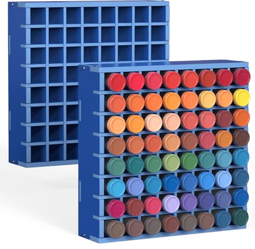 Image of Krafetto 2 Pack 64 Grids Paint Organizer Storage Rack, Wall-mountable Craft Paints Holder, Paint Bottle Organizer Rack Stand for 2 oz Acrylic Craft Paints, Blue